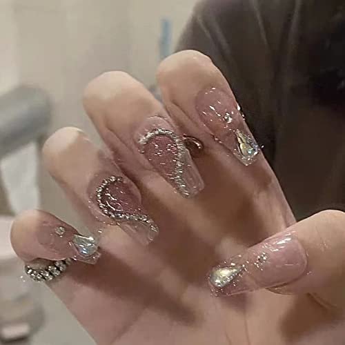 RUNRAYAY Medium Length French Tips Press on Nails with Designs, Nude White Acrylic Nails Press On, Stick on Nails for Women, Glue on Nails Fake N