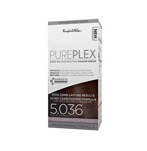 Knight & Wilson PurePlex Rich Golden Brown Permanent Hair Colour Dye. Protect, Restore and Nourish with Aminofix. 5.036 Golden Brown. 100% Grey C