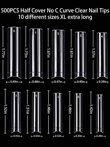 500Pcs XXL Extra Long Nail Tips, No C Curve Clear Square False Nails Professional Set,10 Sizes Ballerina Shaped Straight Fake Nails,Half Cover Pr