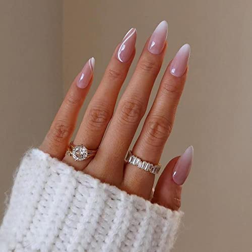JUSTOTRY 24 Pcs Nude Short False Nails Almond,Gradient Pink Press on Nails Pattern,Glossy Fake Nails Short with Nail Glue,Oval Stick on Nails for