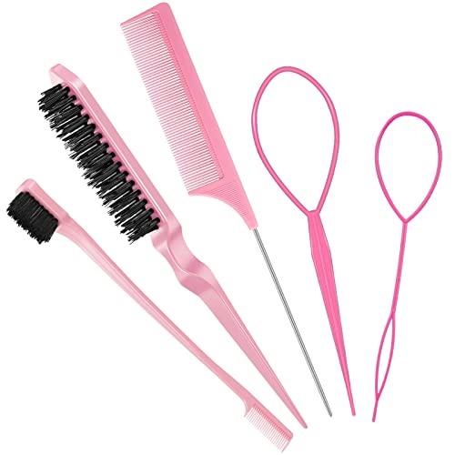 Fuyamp 5 In 1 Slick Brush Set Teasing Brush Set, Plastic Bristle Hair Brush Teasing Comb Edge Hair Brush Grooming Combs Sturdy Rat Tail Comb Doub