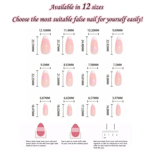 False Nails Medium Length, Acrylic French Stick on Nails, 24pcs Almond Pink Press On Nails with Glue Elegant Ballet Heart Design Sweet Fake Nails
