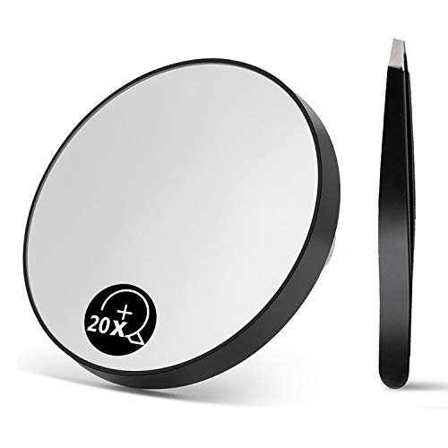 OMIRO 10X Magnifying Mirror, Travel Size Suction Magnifier Mirror for Makeup & Bathroom Shaving (8.8cm Black,with Tweezer)