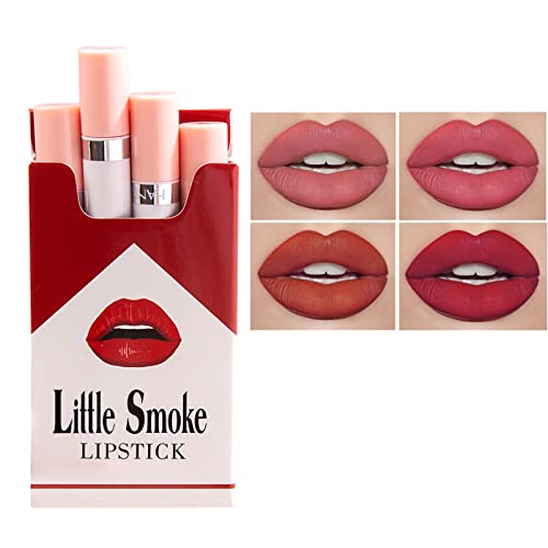 Plumping Lip Gloss Set,Lipstick Sets 4 Pcs High Pigmented Nude Cigarette Lipgloss, Long Lasting Waterproof Shimmer Liquid Lipsticks,Makeup Sets F