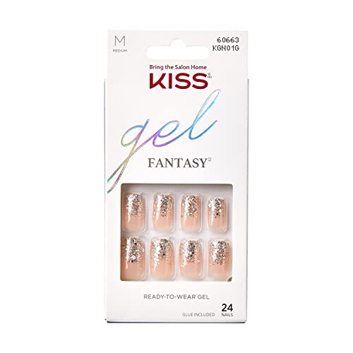 KISS Gel Fantasy Collection Glue-On Manicure Kit, Fanciful, Medium Length Square Fake Nails Includes 24 False Nails, Nail Glue, Nail File, and Ma