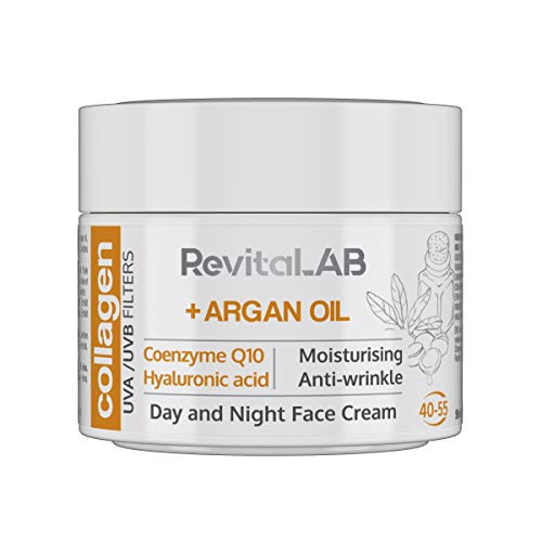 RevitaLAB Day and Night Collagen Anti-Ageing Moisturiser, Enriched with Hyaluronic Acid, Q10, Argan Oil and a UVA/UVB Filter, for Ages 40 – 55, 5