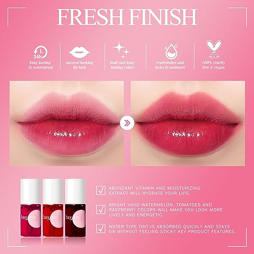 bayfree Lip Tint Stain Set, Long Lasting Lip Gloss, Non-sticky & Transfer-Proof Lip Stain Tinted Lip Balm, Waterproof Lipstciks, Lip Shine (fruit