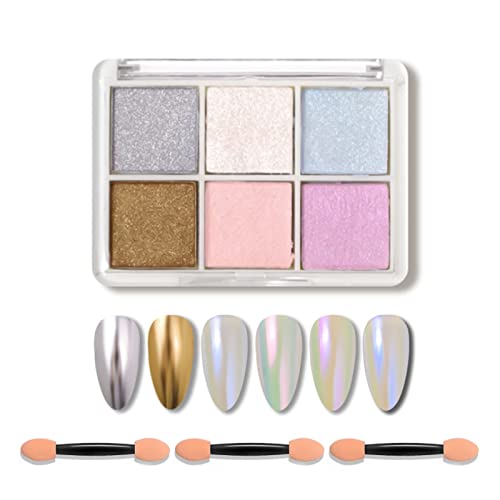 Chrome Nail Powder,6 Color Mermaid Neon Nail Glitters Powder Gel Polish Metallic Nail Art Pigment Powder Set with Nail Sponge Brushes for Nail Ar