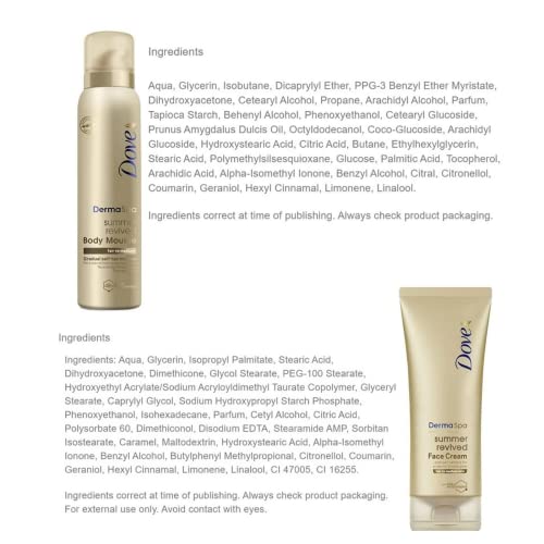 Self-Tan Bundle Contains Dove DermaSpa Summer Revived Self- Tanning Body Mousse 150m x1, Body Lotion 200ml x1 And Face cream 75ml, For Fair to Me
