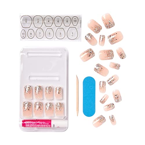 KISS Gel Fantasy Collection Glue-On Manicure Kit, Fanciful, Medium Length Square Fake Nails Includes 24 False Nails, Nail Glue, Nail File, and Ma