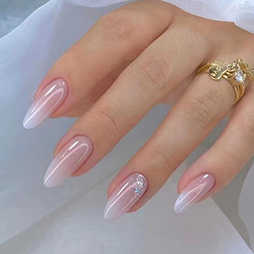 JUSTOTRY 24 Pcs Nude Short False Nails Almond,Gradient Pink Press on Nails Pattern,Glossy Fake Nails Short with Nail Glue,Oval Stick on Nails for