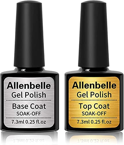 Allenbelle Gel Base and Top Coat Sets, UV LED Shellac Coat, No Wipe Soak Off Polish Set, Long Lasting Shiny High Gloss Finish, 1.0 count, Pack of