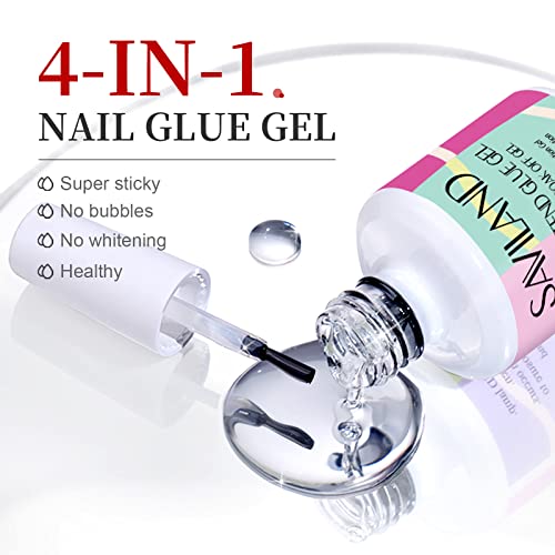 Saviland 15ML Gel Nail Glue - 4 In 1 Extra Strong Nail Glue Gel for Long Lasting Acrylic Nail Tips, Brush on Nail Glue for Broken Nail Extension