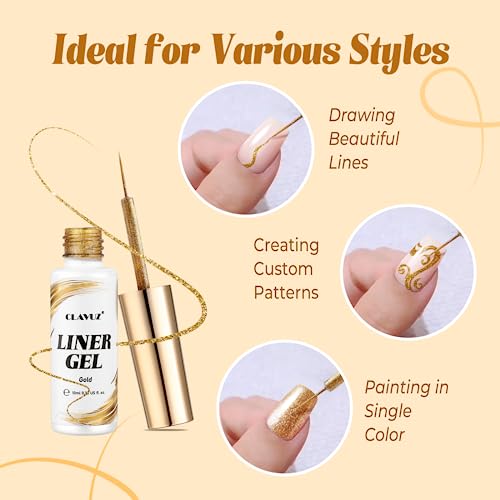 CLAVUZ Liner Nail Gel Polish, 2pcs Gold & Silver Glitter Gel Liner Nail Art Set Soak Off French Manicure Gel for Drawing Lines/Color Painting, UV
