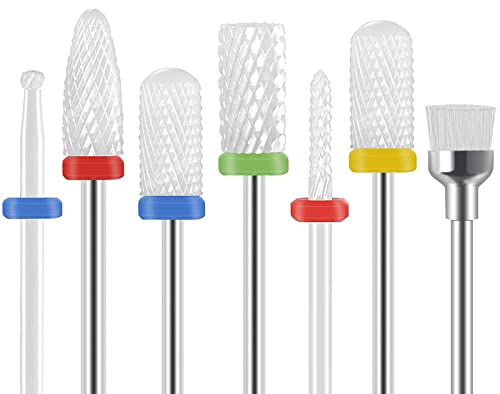 Homeet 7Pcs Ceramic Nail Drill Bit Set, 3/32 Inch Ceramic Drill Bits for Cuticle Electric Nail Cutter, Professional Safety Nail Drill Bits for Ac