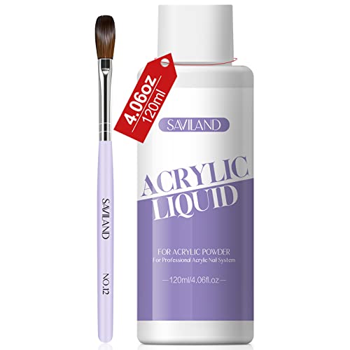 Saviland 120ml Acrylic Liquid with Acrylic Brush– Monomer for Acrylic Nails with Acrylic Nail Brush 12# MMA-Free Non-Yellowing Formula Acrylic Mo