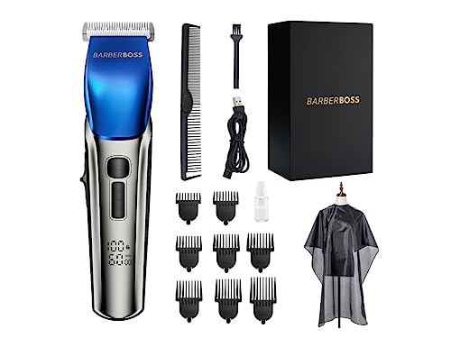 BarberBoss Hair Clippers Men, Beard Trimmer - 4 Speed Settings, Ceramic Blade, 8 Comb Attachments, LED Display, USB Charge, Waterproof, Hair Groo