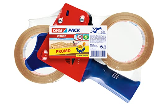 tesa Packing Tape Dispenser and tesapack Packaging Tape in a Set - 2x High-Quality Parcel Tape with 1x Dispenser - Transparent - 66 m x 50 mm