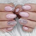 24Pcs Almond Press on Nails Short, French Tip Fake Nails Glossy Pink Glitter False Nails with Glue Stickers, Oval Acrylic Full Cover Glue on Nail