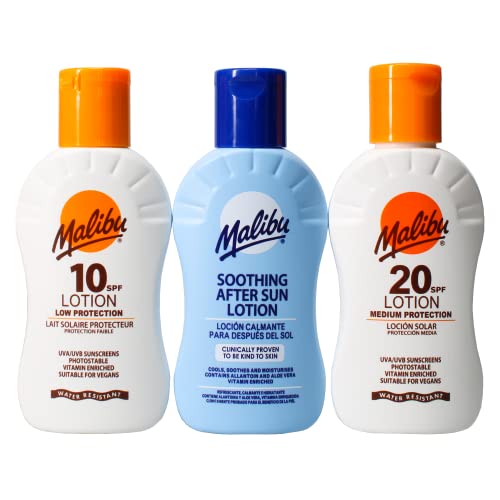 Malibu Sun Travel Essentials with Sun Cream Protection and After Sun Lotion, SPF 10 and 20, Multipack, 3 x 100ml