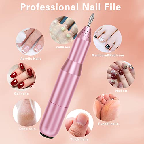 FOLAI Electric Nail Files, Nail Drill Set for Acrylic Gel Nails, Portable Manicure Pedicure Kit with Sanding Bands and Nail Drill Bits(Pink)