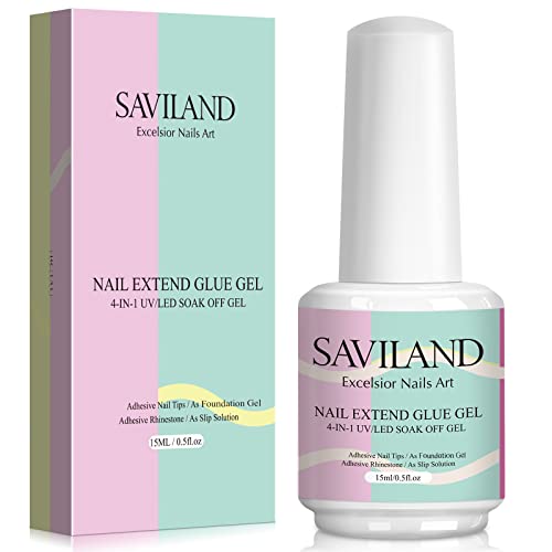 Saviland 15ML Gel Nail Glue - 4 In 1 Extra Strong Nail Glue Gel for Long Lasting Acrylic Nail Tips, Brush on Nail Glue for Broken Nail Extension