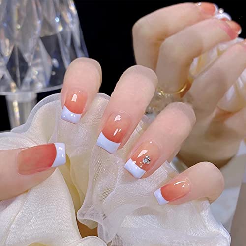 RUNRAYAY Medium Length French Tips Press on Nails with Designs, Nude White Acrylic Nails Press On, Stick on Nails for Women, Glue on Nails Fake N