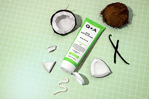 Q+A AHA Exfoliator Body Scrub for Rejuvenating Body Care, a blend of AHA’s Lactic Acid and Glycolic Acid combined with exfoliants, improves skin