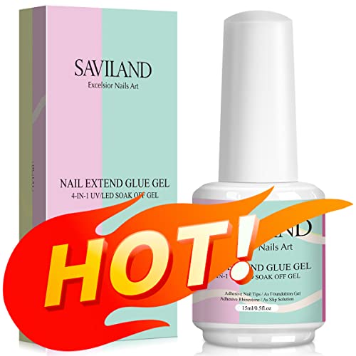 Saviland 15ML Gel Nail Glue - 4 In 1 Extra Strong Nail Glue Gel for Long Lasting Acrylic Nail Tips, Brush on Nail Glue for Broken Nail Extension