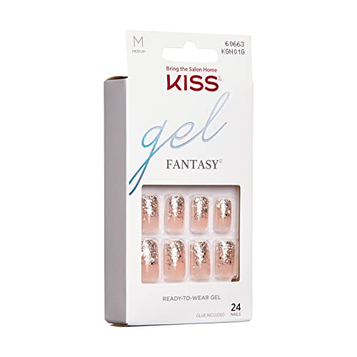 KISS Gel Fantasy Collection Glue-On Manicure Kit, Fanciful, Medium Length Square Fake Nails Includes 24 False Nails, Nail Glue, Nail File, and Ma