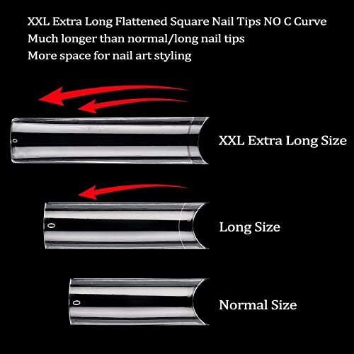 BQAN 500PCS Extra Long Nail Tips 10 Sizes XXL C Curve Half Cover Clear Fake Nails with Box for Salons and DIY Nail Art Square Straight Fake Nail