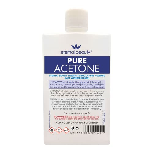 Acetone 100% Pure 100ml Gel Nail Polish Remover for UV/LED, Gel Soak Off, Removes All Types of Nail Polish, By Eternal Beauty