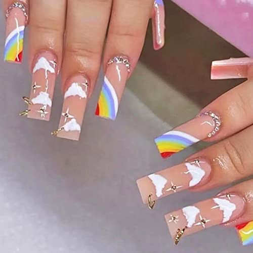 RUNRAYAY Medium Length French Tips Press on Nails with Designs, Nude White Acrylic Nails Press On, Stick on Nails for Women, Glue on Nails Fake N