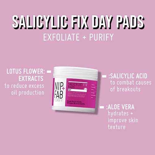 Nip + Fab Salicylic Acid Fix Day Pads for Face with Aloe Vera, Exfoliating Facial Pad BHA Exfoliant for Skin Hydration Acne Breakouts Refining Po