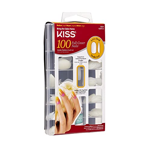 KISS 100 Full-Cover Manicure Kit, Medium Length Active Oval Fake Nails, Longer Lasting, 10 Sizes with Maximum Speed Nail Glue