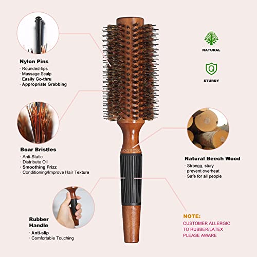 BESTOOL Round Brush for Blow Drying, Boar Bristle Round Hair Brush with Wooden Barrel, Large Round Styling Brush for Women & Men, Straightening,
