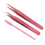 Stainless Steel Eyelash Extension Tweezers Straight and Curved Tip Eyelash Tweezers for Eyelash Extension Applications with Eyelash Brush