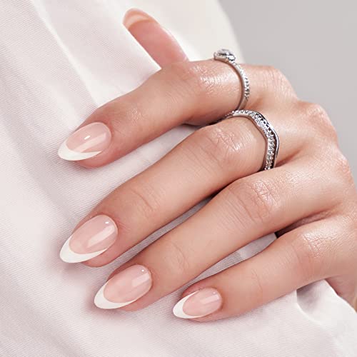 French Tip Short False Nails - BTArtbox Almond Press on Nails with Glue, 30Pcs Soft Gel Fake Nails in 15 Sizes, Reusable Semi-Transparent Stick o
