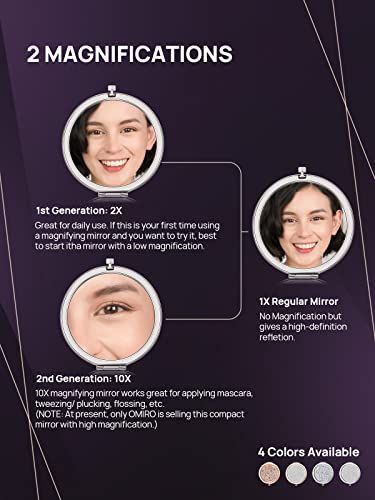OMIRO Compact Mirror, Mini Mix Diamond 1X/2X Magnifying Round Metal Pocket Makeup Mirror (Silver)