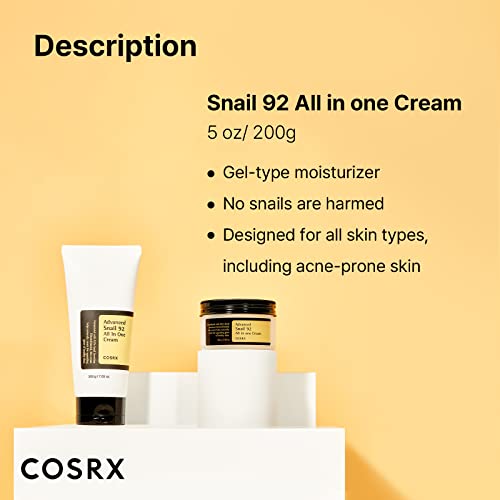 COSRX Advanced Snail 92 All in one Cream, 7.05 oz (Large size), Snail Mucin Secretion Daily Face Gel Moisturizer for Dry Skin, Acne-prone, Sensit