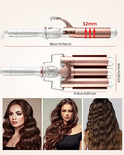 CkeyiN 3 Barrel Hair Waver, 32mm Mermaid Waver with LCD Display 16 Temperature, 30s PTC Fast Heating Waver Curling Wand for Long Short Hair, Prof