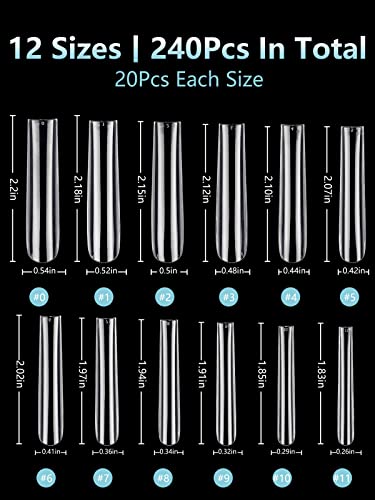 LIONVISON 3XL Extra Long Tapered Square False Nails, 240Pcs Clear Square Straight Fake Nail Tips for Acrylic Nails, 12 Sizes Full Cover Press On