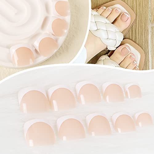 24pcs French False Toenails Tips Stick on Toenails Natural Press on Toenails Nude Short Fake Toe Nails for Women ToeNail Decorations (White)