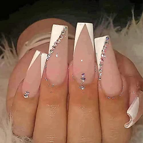 RUNRAYAY Medium Length French Tips Press on Nails with Designs, Nude White Acrylic Nails Press On, Stick on Nails for Women, Glue on Nails Fake N