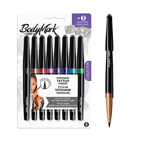 Bic BodyMark COLLECTION - Temporary Tattoo Markers, Cosmetic Quality for Use on Skin - 8 Assorted Colours and 3 Stencil Sheets - Let Your Imagina