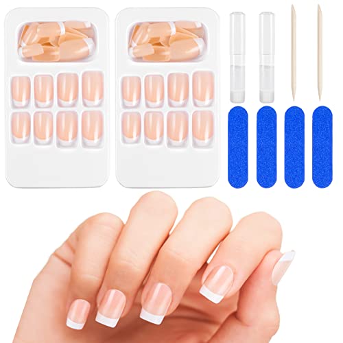 Kiiwah 48pcs French False Nails with Glue, Short Medium Fake Nails Nude Artificial Full Cover Nail Tips in 12 Different Sizes with Nail Files, Ma