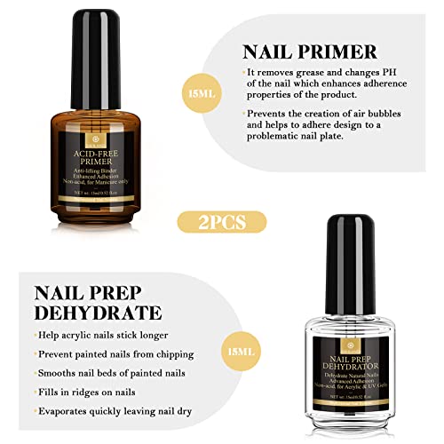 Saviland Nail Dehydrator and Bond Primer, Long-lasting Nail Prep Dehydrate and Acid Free Bonding Primer Set Professional Natural for Acrylic Powd