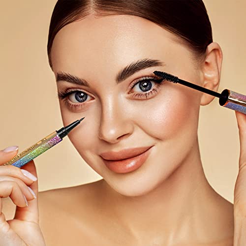 QIC Mascara, Black Mascara With Eyeliner Set, 4D Silk Fiber Eyelash Mascara with Liquid Eyeliner Kit, Waterproof, Sweat-Proof, SmudgeProof, Long