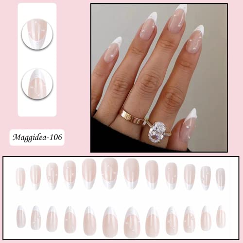 French False Nails, Press on Nails Medium Length, Acrylic White Tip Pearl Stick on Nails, 24pcs Almond False Nails with Glue Elegant Ballerina Fa