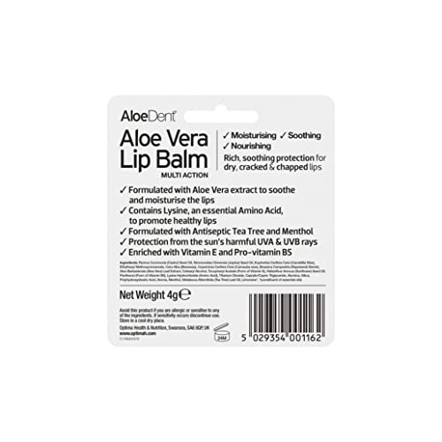 Aloe Dent Aloe Vera Lip Balm , Natural , Vegetarian , Cruelty Free , Paraben and SLS Free , Moisturising , UVA and UVB Protection , 4 g
